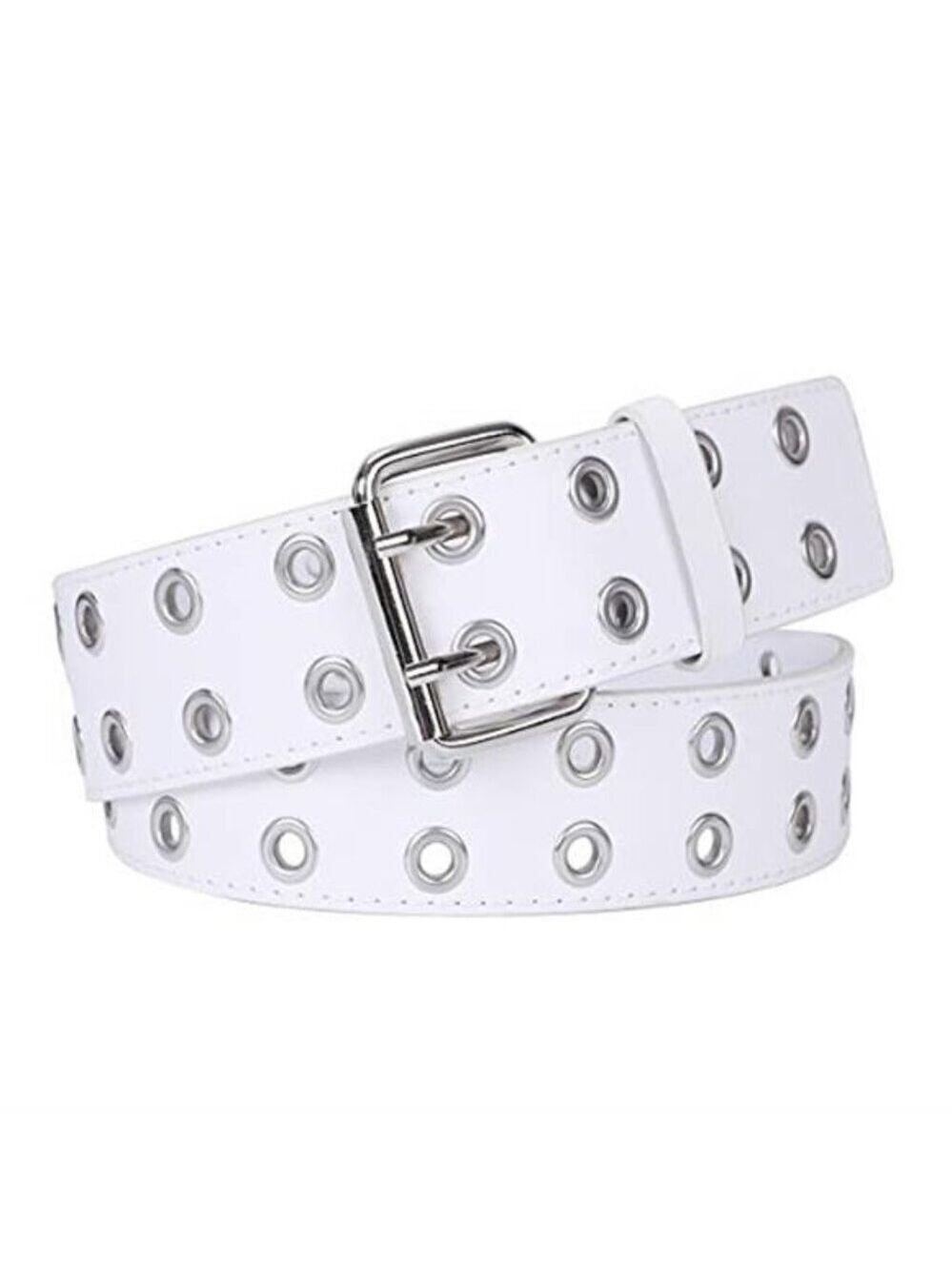 Double Grommet Punk Belt White Vegan Leather Studded Belt for Women Men Jeans